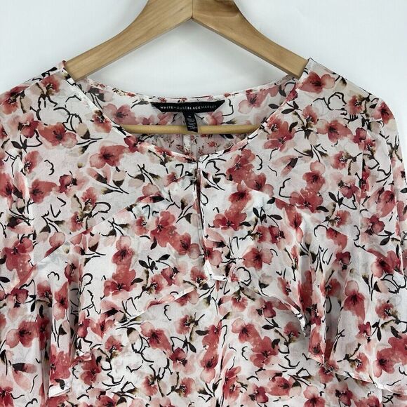WHBM White House Black Market Top Size 8 Pink Flare Sleeve Blouse Floral Ruffle - Picture 2 of 9